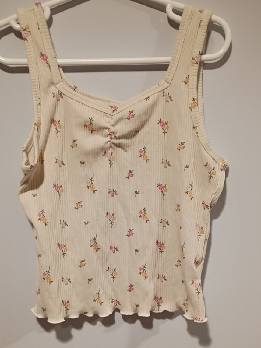 Old Navy Cream Ribbed Floral Tank Top with Pink & Yellow Flowers